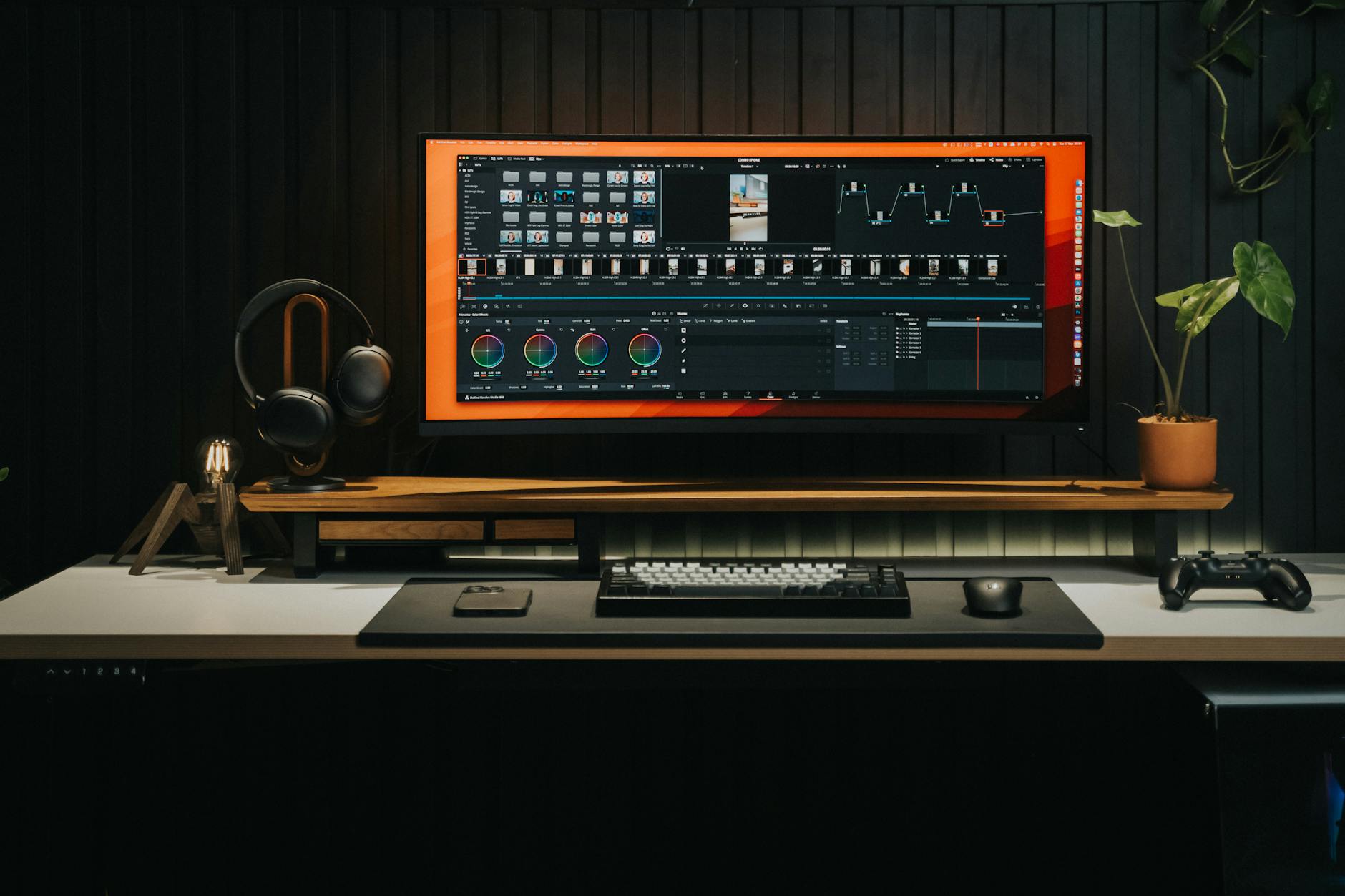 Nowoczesne biurko twórcy gier z komputerem i konsolą w domowym biurze