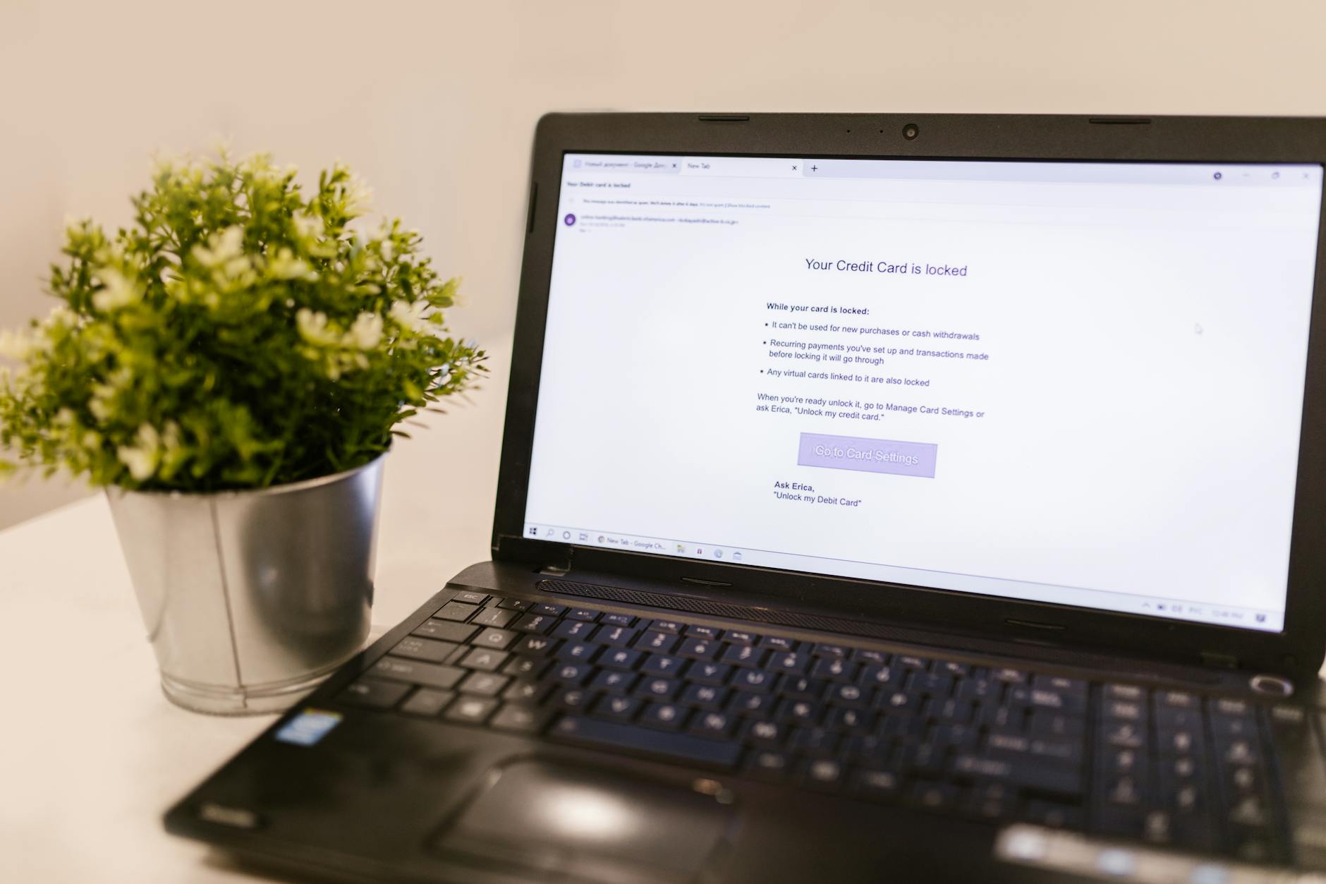 Powiadomienie o bezpieczeństwie na ekranie laptopa obok doniczki