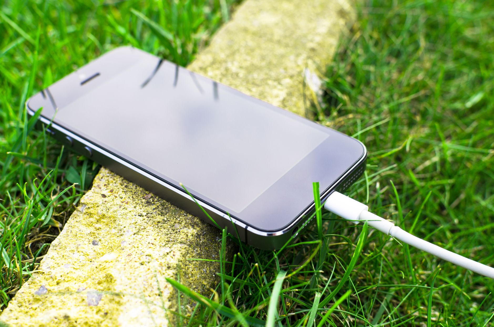 Smartfon podłączony do ładowarki leżący na trawie na zewnątrz
