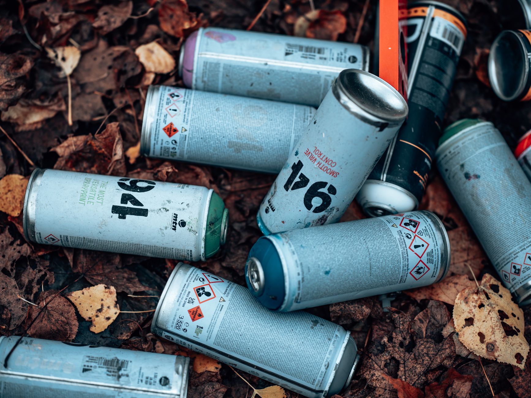 Puszkowe farby w sprayu porzucone wśród jesiennych liści na ziemi