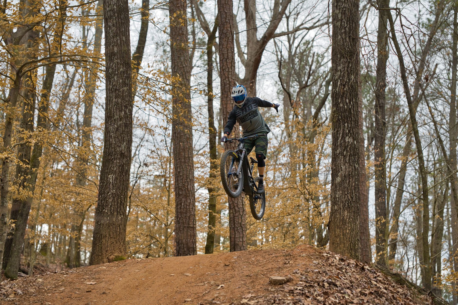 Rowerzysta MTB w jesiennym lesie skacze nad leśną ścieżką